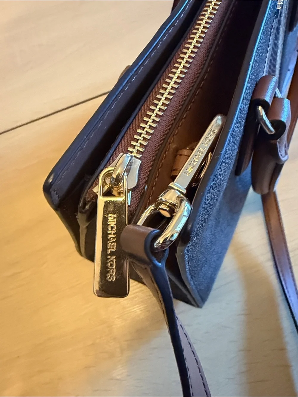 Michael Kors Brown Logo Satchel with Metallic Stripe Accents